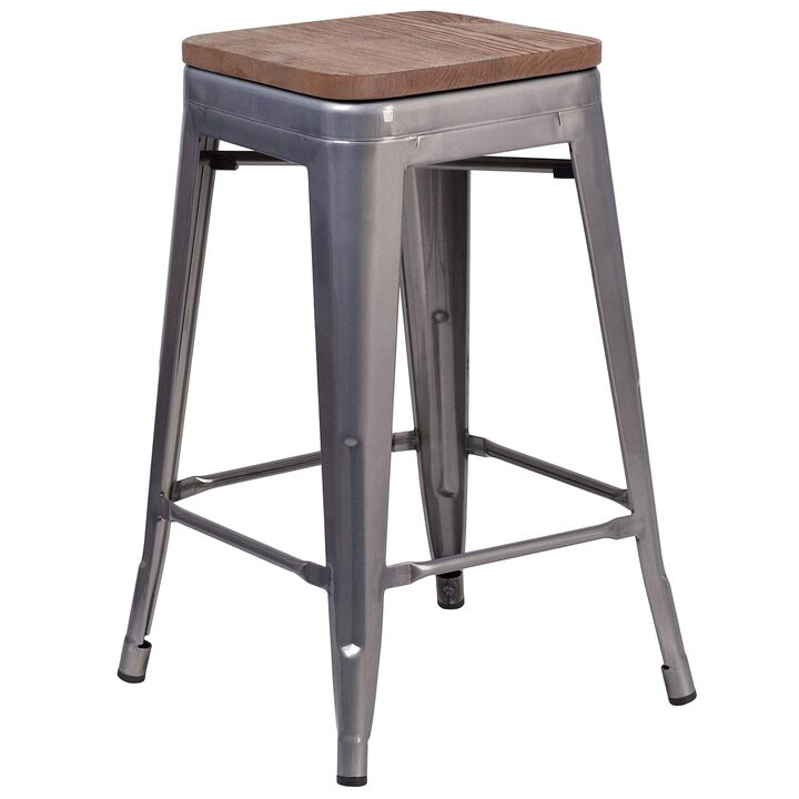 Flash Furniture Lincoln 24" High Backless Clear Coated Metal Counter Height Stool with Square Wood Seat