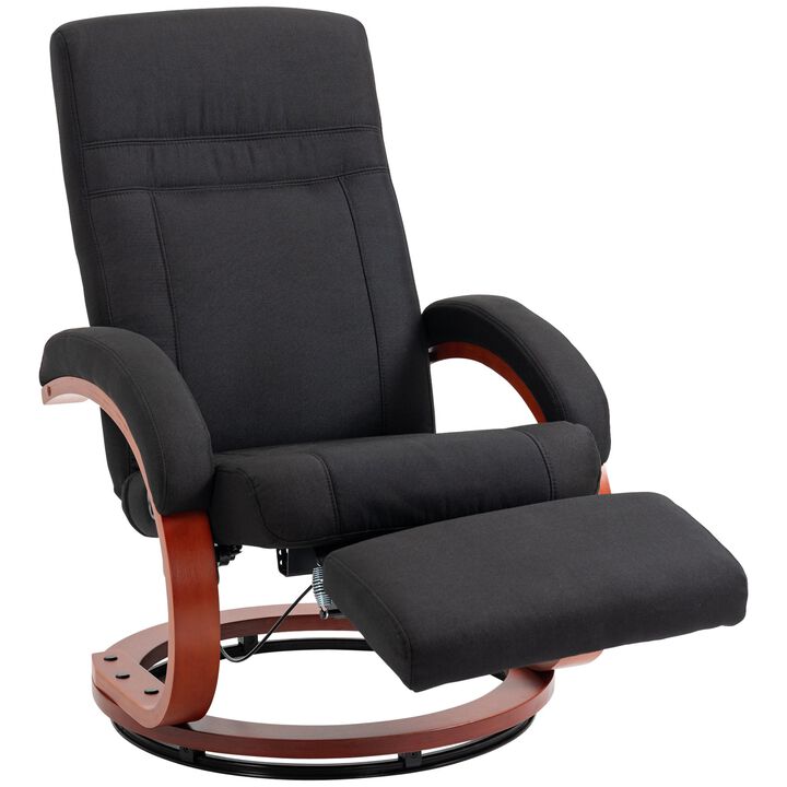 Black Manual Recliner: Swivel, Footrest, Wood Base