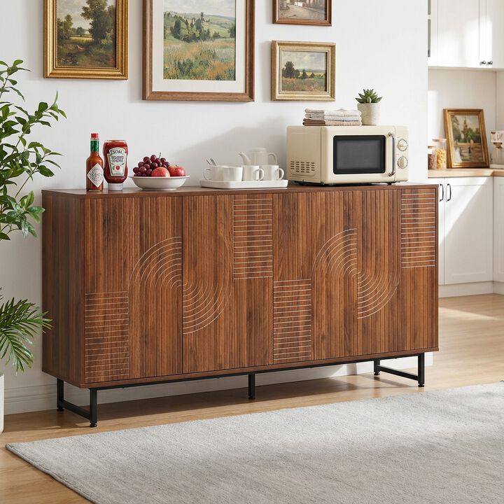 Whisen Mid-Century Walnut Sideboard Buffet Cabinet, Geometric Carved Storage Cabinet with Metal Legs