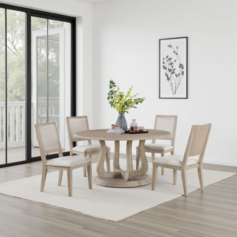 Eva Round Dining Table, Pedestal Base, White Washed Brown Wood 60 Inch - Benzara