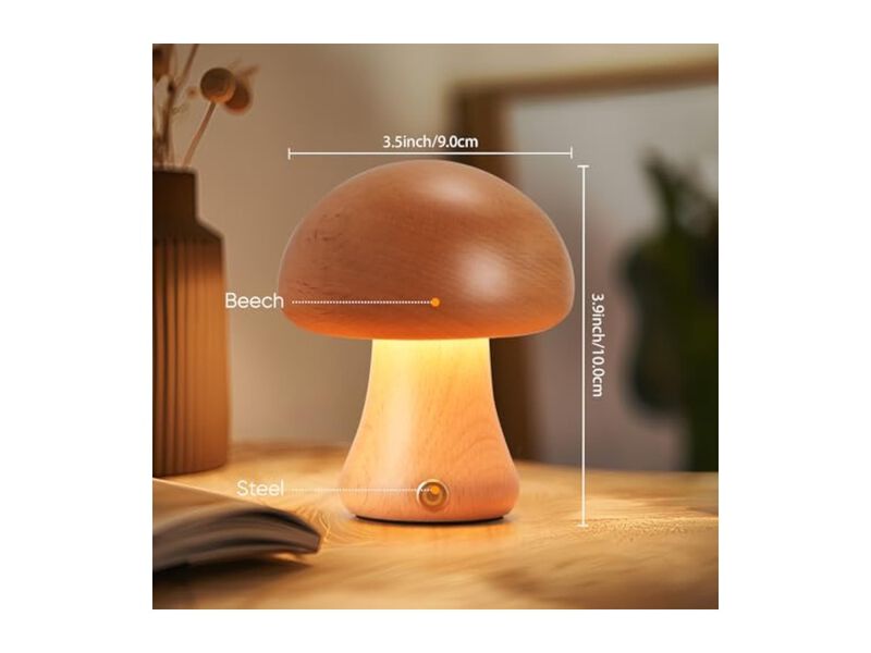 Cordless Rechargeable Battery Operated Table Lamp Wood Mushroom Portable image number 2