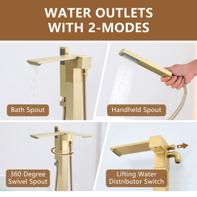 Mondawe 1-Handle Brushed Nickel Floor Mount Freestanding Tub Faucet with Square Hand Shower