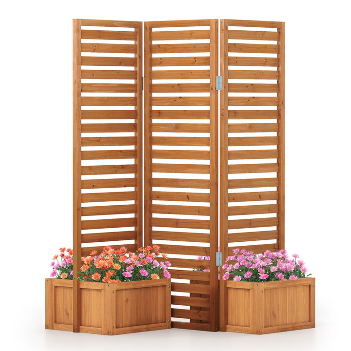 Solid Wood 3-Panel Garden Fence with 2 Planter Boxes for Outdoor Use