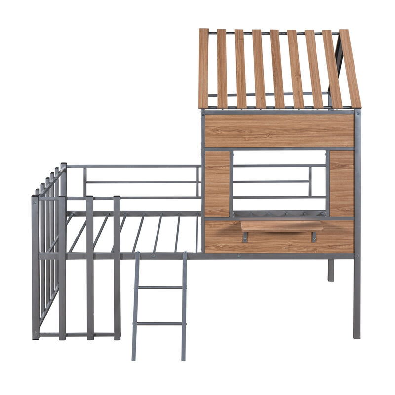 Metal Twin size Loft Bed with Roof, Window, Guardrail, Ladder Silver