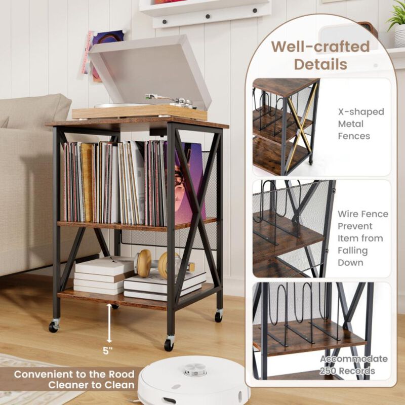 Hivvago Mid-Century Record Player Stand with Built-in Charging Station