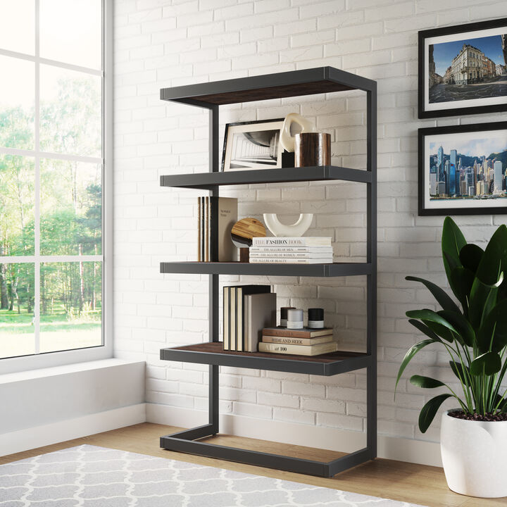 Erina SOLID ACACIA WOOD and Metal 66 inch x 36 inchRectangle Modern Industrial Bookcase in Distressed Charcoal Brown