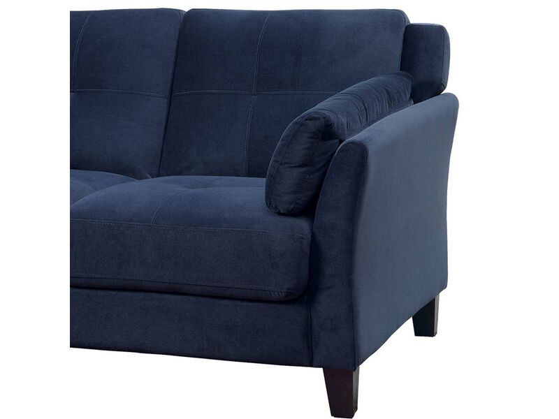 Fabric Upholstered Wooden Loveseat with Tufted Back pillows, Dark Blue - Benzara