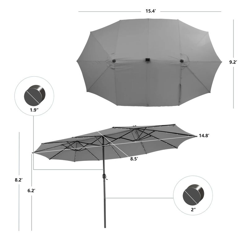 15 Feet Twin Patio Umbrella Double Side Market Umbrella with 48 Solar LED Lights image number 4