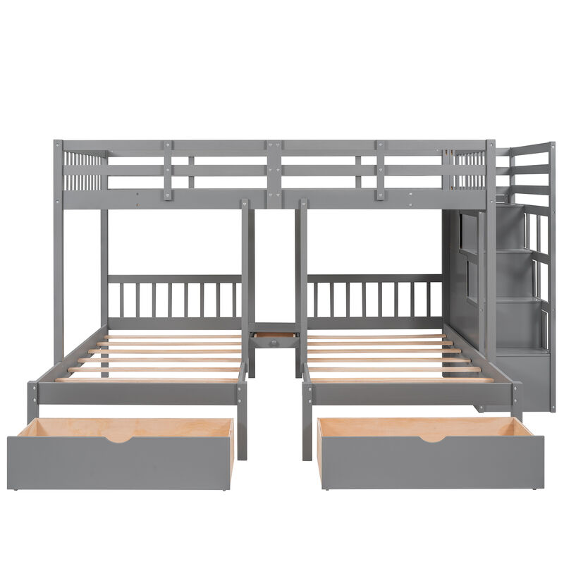Whisen Full Over Twin & Twin Bunk Bed, Wood Triple Bunk Bed with Drawers and Guardrails- White