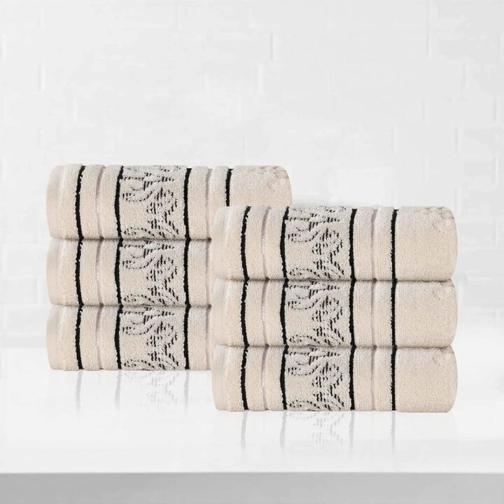 Zero Twist Cotton Hand Towel Set of 6, Floral Jacquard Soft Towels for Home Bathroom Use