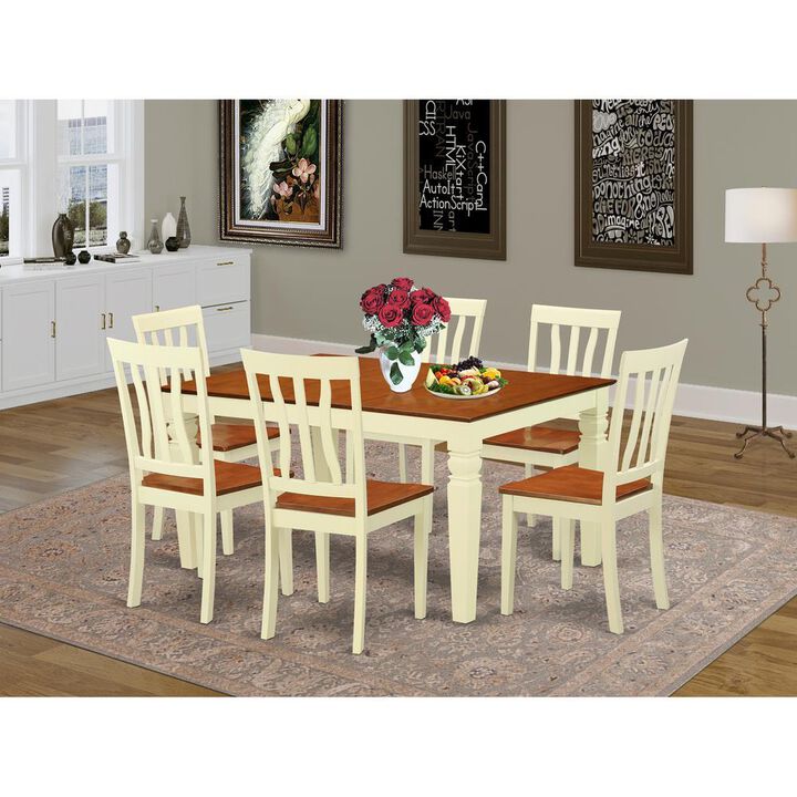 7 Pc Dining set with a Kitchen Table and 6 Wood Kitchen Chairs in Buttermilk and Cherry