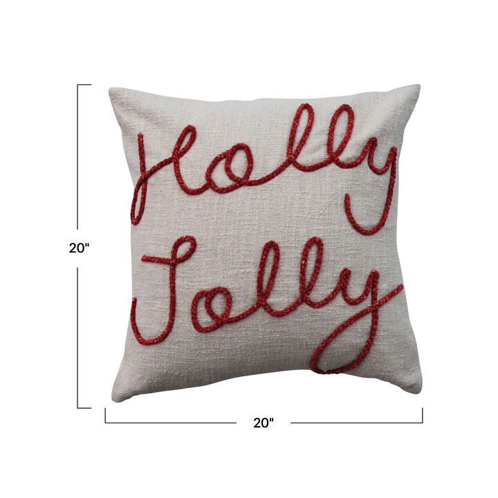 Holly Jolly Embroidered Cotton Pillow, Red & Natural