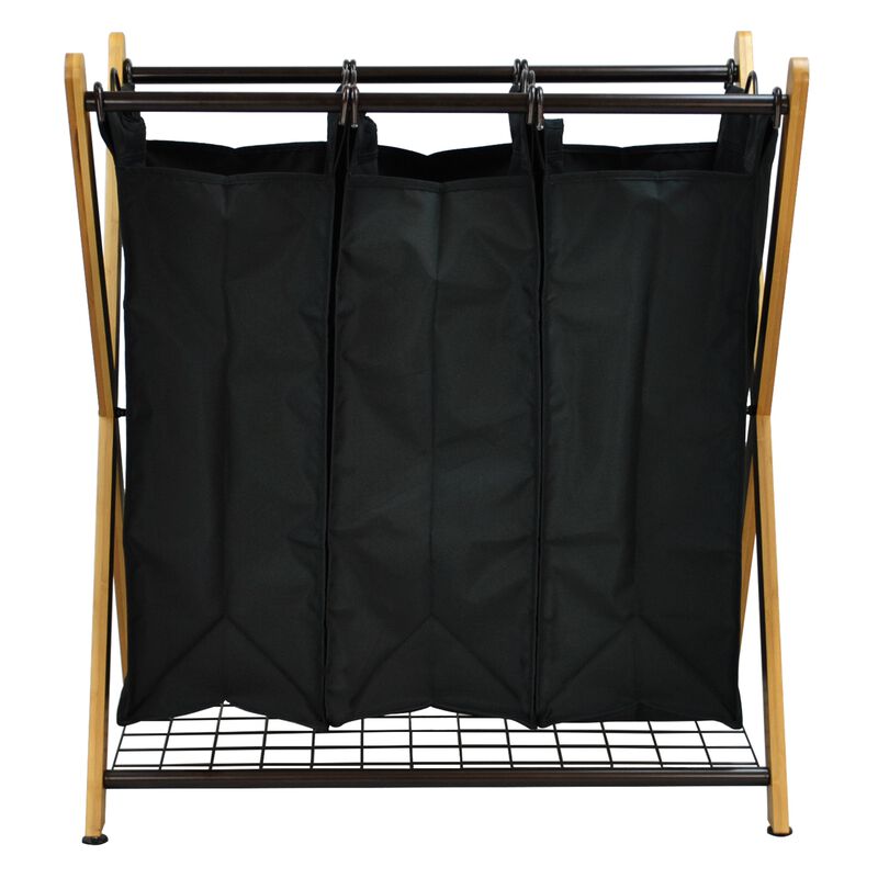 Oceanstar X-Frame Bamboo 3-Bag Laundry Sorter, Black