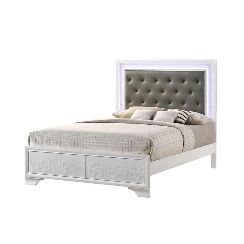 Benjara Lise Queen Size Bed, Fabric Upholstery, LED Lit, Modern Wood, White and Gray
