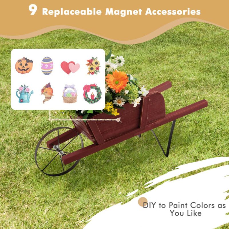 Hivvago Wooden Wagon Planter with 9 Magnetic Accessories for Garden Yard