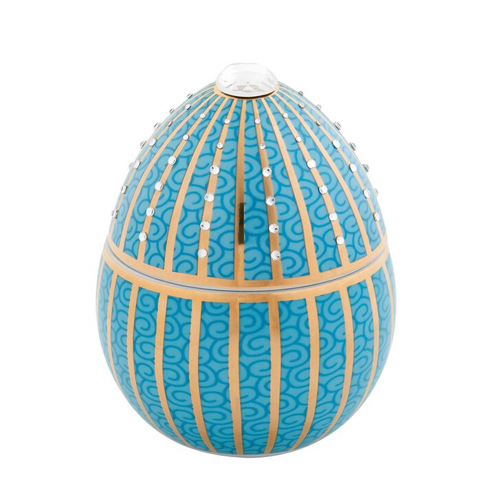 Candle in Ceramic Egg BOIS DE ROUSSIE 7 oz Light Blue Gold Stripes with CrystalsS 5.12 diam. x 6.5 in