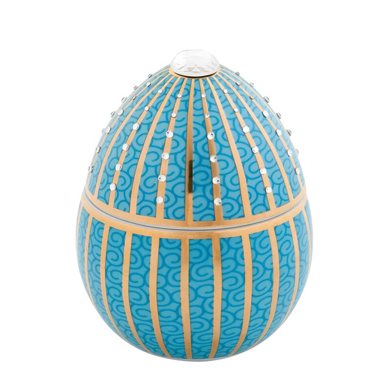 Candle in Ceramic Egg BOIS DE ROUSSIE 7 oz Light Blue Gold Stripes with CrystalsS 5.12 diam. x 6.5 in image number 0