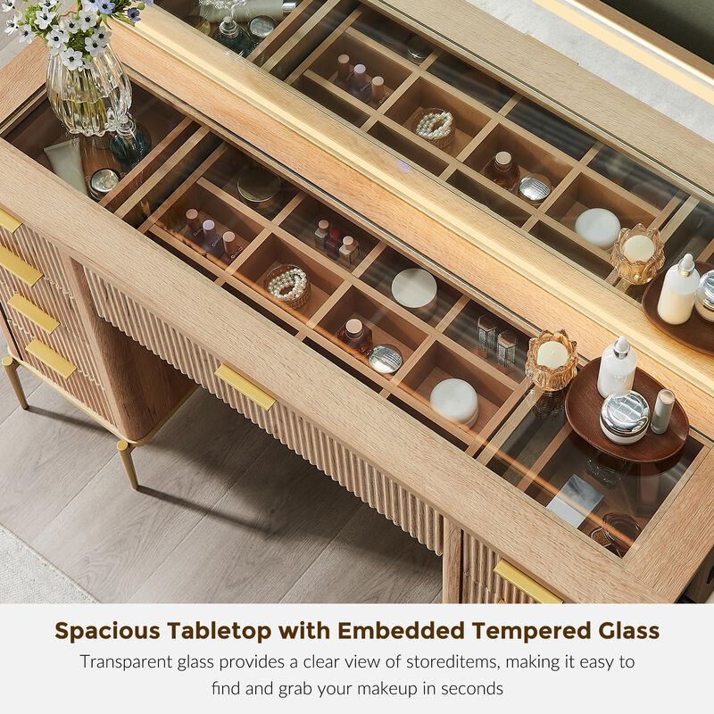 Fluted Vanity Desk with 48" LED Mirror, 9 Drawers, Charging Station image number 4