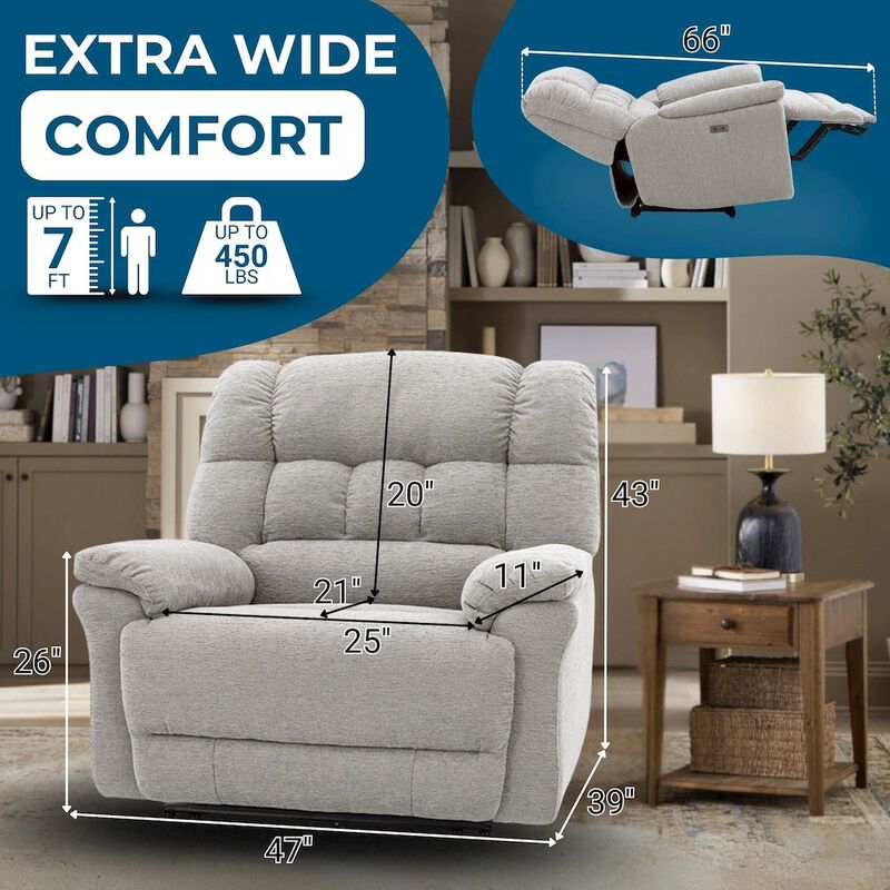 Oversized Zero Gravity Recliner Chair for Big and Tall Adults – Heavy-Duty Big Man Power Recliner with Wide Seat, Supports Up to 450 lbs, Gray