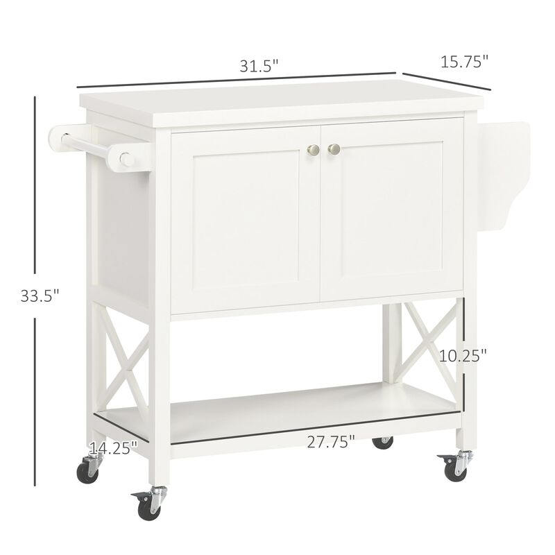 Rolling Kitchen Island Cart with Rubberwood Top and Storage, White