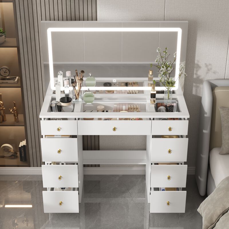 FUFU&GAGA Large Mirror Vanity Dresser with 9 Drawers & LED Lighting, Tempered Glass Top, Open Shelf, and Crystal Knobs, Modern White Finish (43.3 in.  W x 15 in.  D x 55 in.  H),White