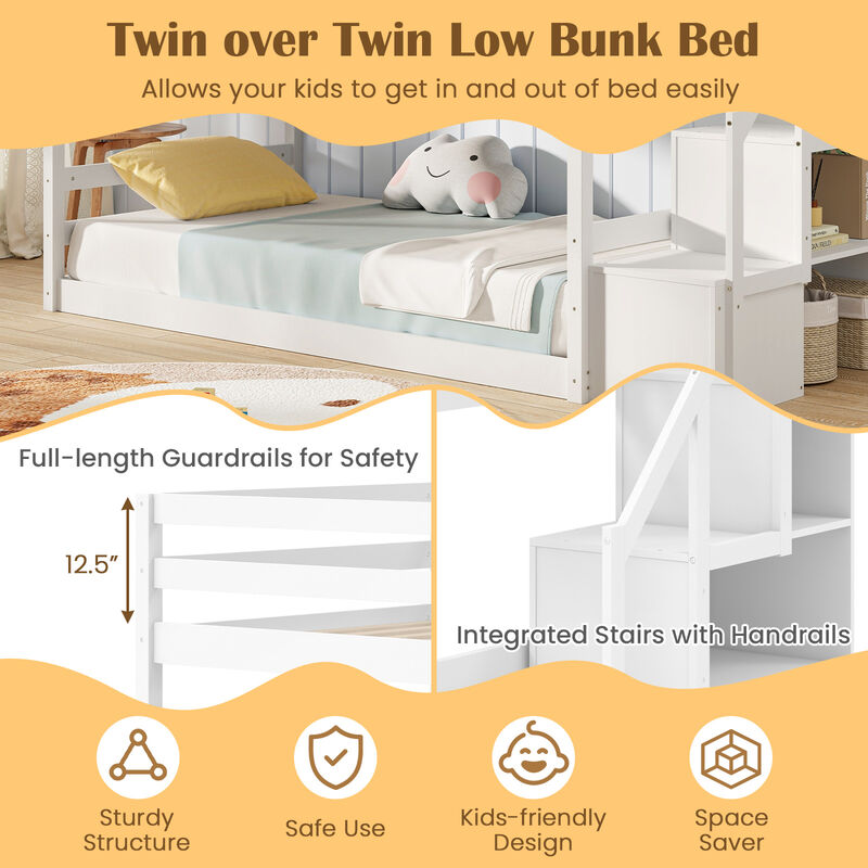 Wooden Bunk Bed Frame with Built-In Storage Stairs and Low Floor Profile