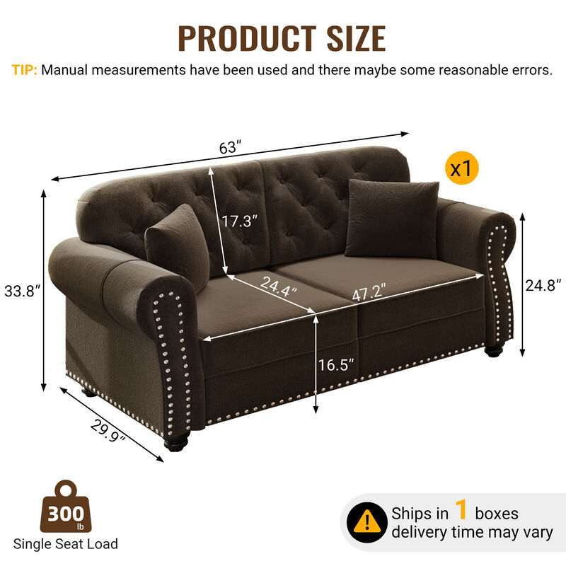 Whisen 63" Velvet Chesterfield Sofa, Mid-Century Modern Tufted Loveseat with Nailhead & 2 Pillows image number 9