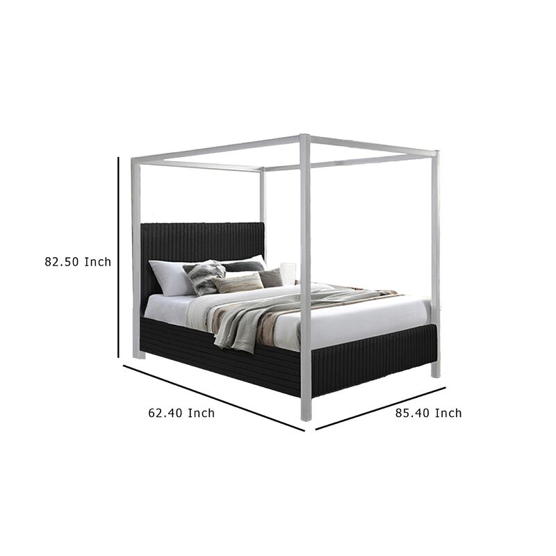 Keri Queen Canopy Bed, White Slatted Wood Frame, Black Upholstery
