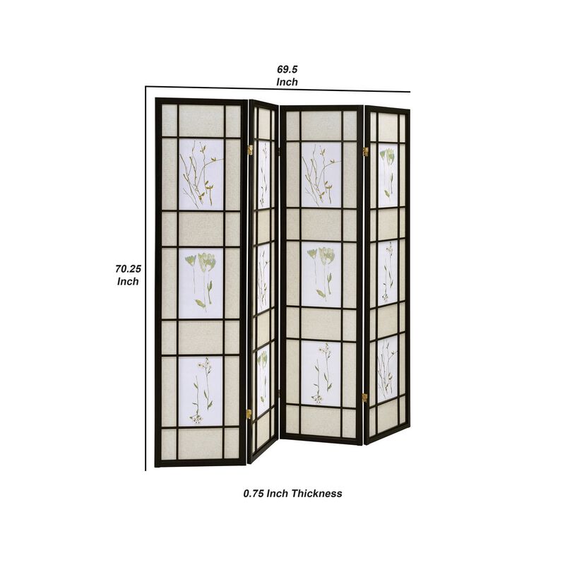 4 Panel Screen with Floral Print Detailing and Wooden Frame, Black-Benzara