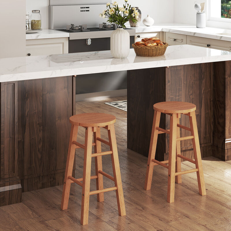 Set of 2 Outdoor Wood Bar Stools with Round Seat and Footrest for Patio Seating