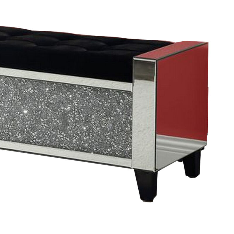 Mirrored Bench with Tufted Fabric Seat and Faux Diamonds, Silver-Benzara
