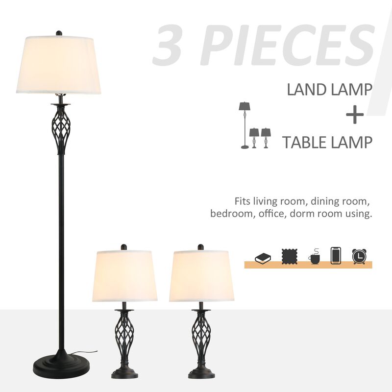 3 Pieces Table Floor Lamp Set with Metal Pole  Round Base and Fabric Lampshade  for Living Room  Dining Room  Bedroom  Black and White