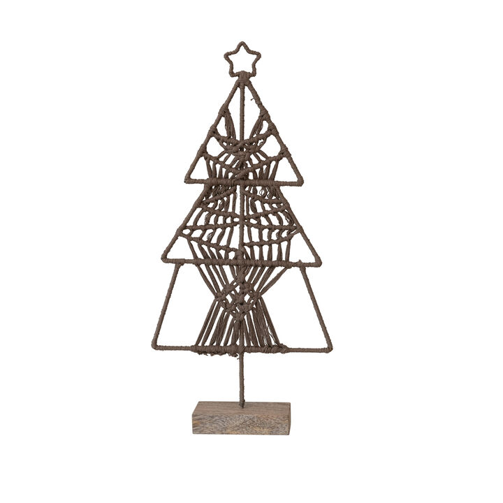 Cotton Thread and Metal Tree with Star and Mango Wood Base, Brown