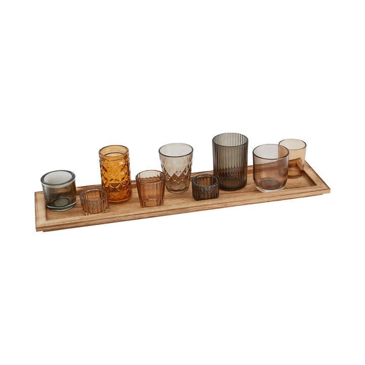 9‑Piece Round Glass Votive Holders on Solid Paulownia Wood Tray, Brown Rustic Finish