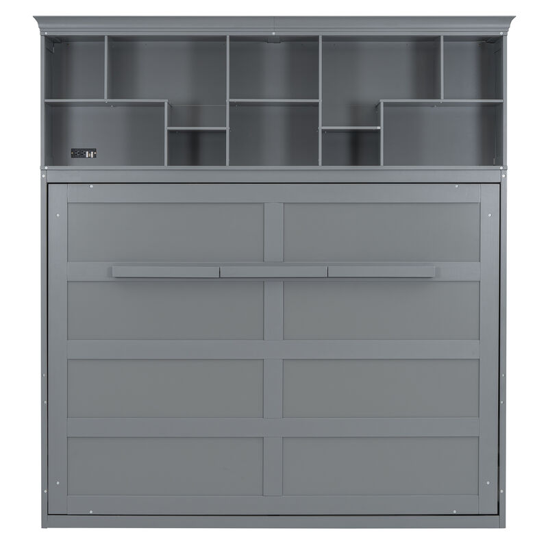 Whisen Modern Design Queen Size Murphy Bed Wall Bed, Folded into a Cabinet with Top Shelves and USB Ports