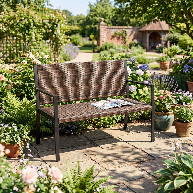 Patio Brown Rattan Loveseat Outdoor Sofa with Soft Sponge Seat Cushion image number 3