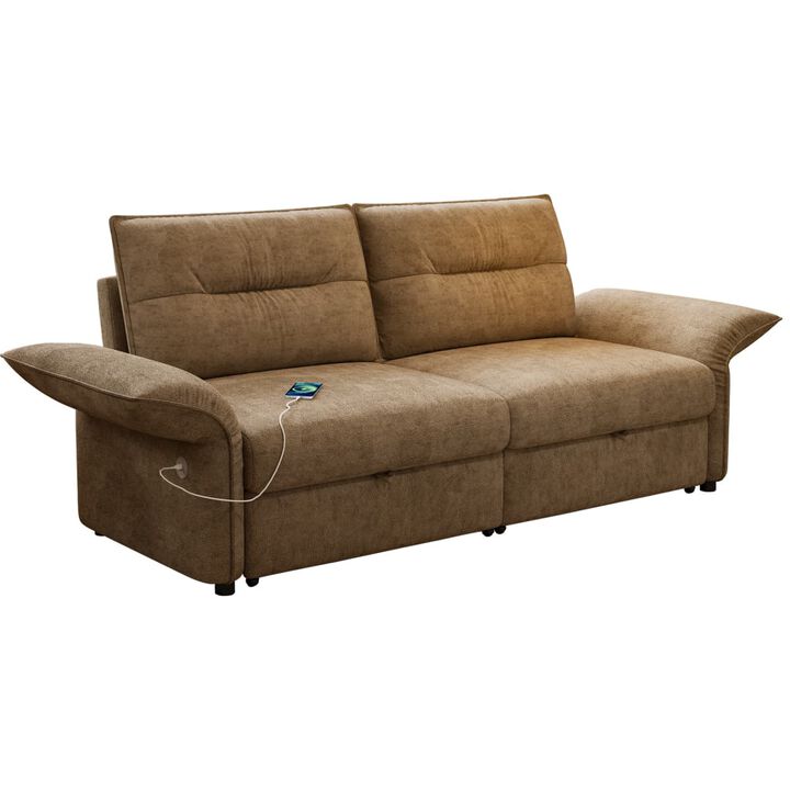 Convertible sleeper sofa bed, Plush fabric pull out futon with USB charging ports, 85 inch sofa bed for small spaces