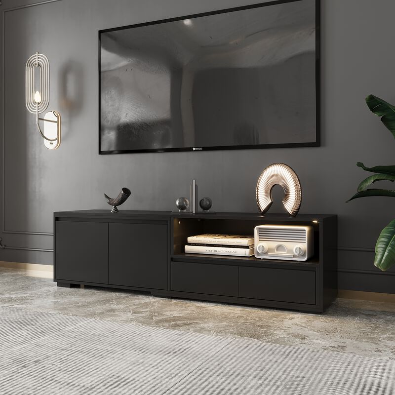 FUFU&GAGA Modern Sliding TV Stand with LED Light, Black Finish, 2 Drawers & 2 Cabinets, Extendable Design (90.6" W x 15.7" D x 17.1" H), Black