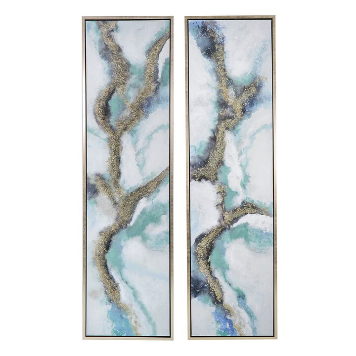 20 x 71 Tall Framed Wall Art Oil Painting Set of 2, Blue and Gold Canvas - Benzara