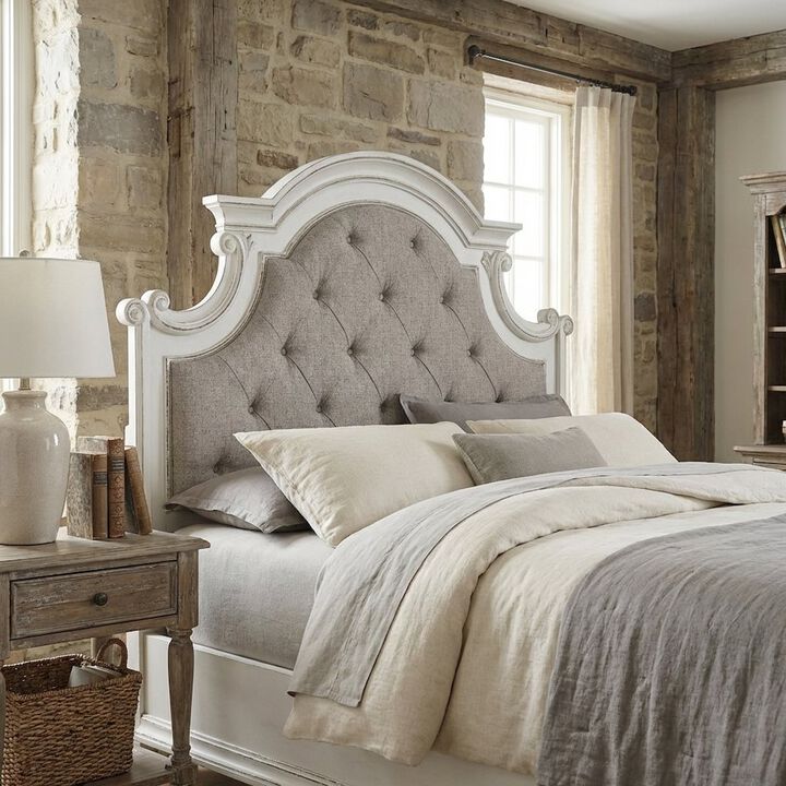 Liberty Furniture Antique White Upholstered Panel Headboard with Chenille Fabric and Solid Wood