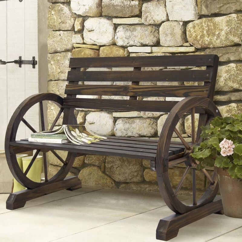 Hivvago 2 Person Farmhouse Wagon Wheel Wooden Bench