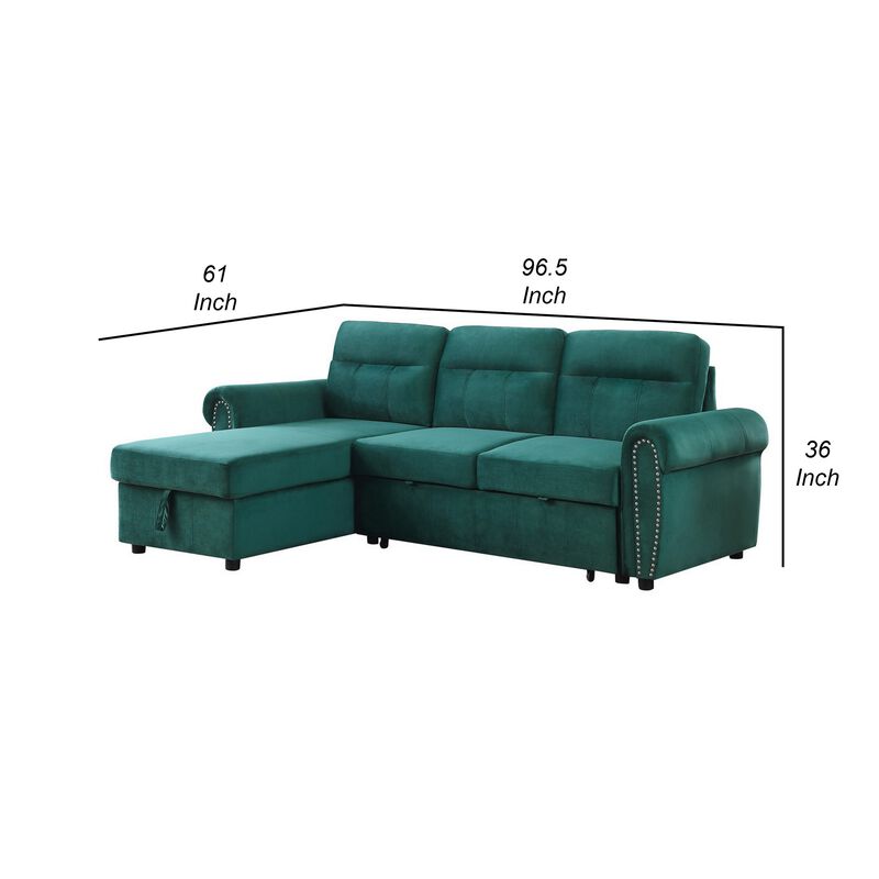 Irma 97 Inch 2 Piece Sectional Sofa, Pull Out Bed, Rolled Arm, Green Velvet-Benzara