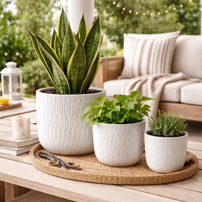 Kena Planter Set of 3, White Ceramic, Wave Texture Indoor, 13 10 8 Inch image number 6
