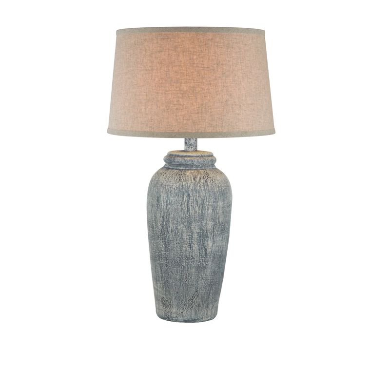 Leni 31 Inch Hydrocal Table Lamp, Drum Shade, Blue Gray Tall Urn Base  - Benzara