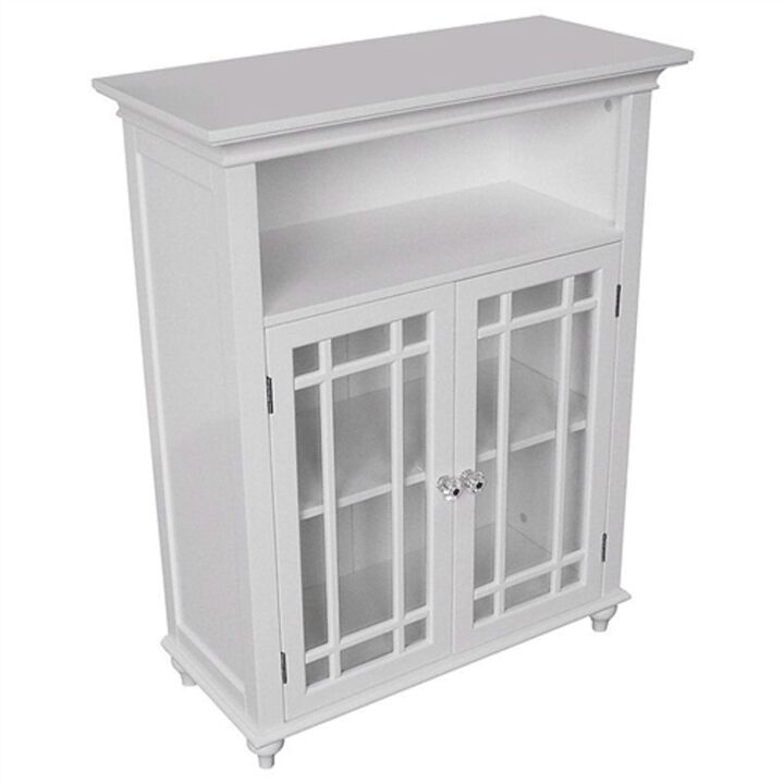 Classic Wood Bathroom Floor Cabinet – 2 Glass Paneled Doors, Freestanding Storage Organizer