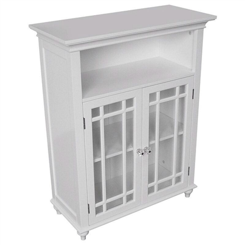 Classic Wood Bathroom Floor Cabinet – 2 Glass Paneled Doors, Freestanding Storage Organizer