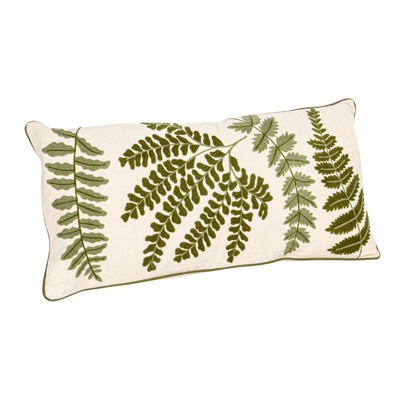 Cotton Lumbar Pillow with Fern Fronds Embroidery, Cream and Green image number 0