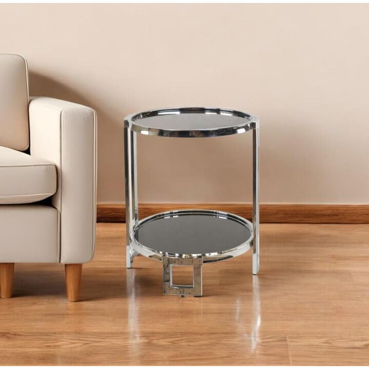 Hivvago 22 Inch  Silver Glass Round Mirrored End Table With Shelf