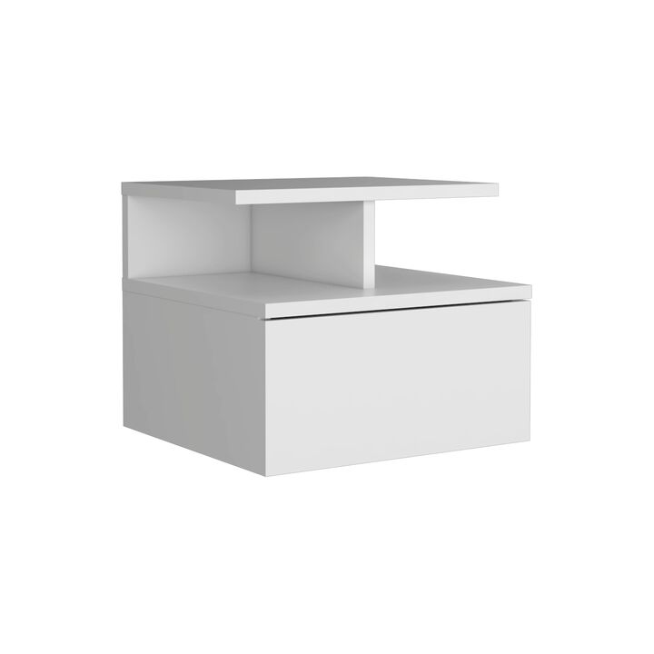 Adele Floating Nightstand with Drawer and Open Storage Shelves- White