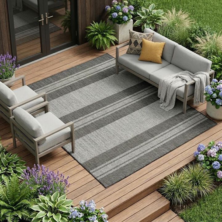 HomeRoots Striped Stain Resistant Indoor Outdoor Area Rug